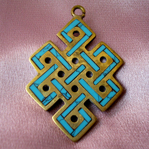 Handmade Nepal Handicrafts Brass And Turquoise Buddhist Auspicious Knots Pendant